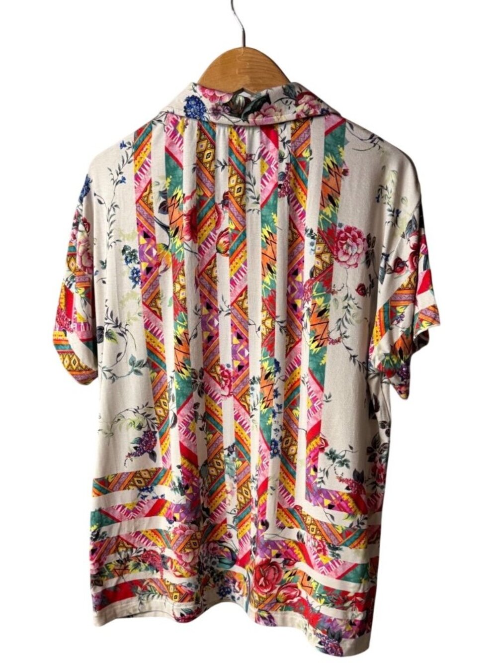Johnny Was XS Azzy Boho Floral & Geometric Bamboo Button-Up Polo Shirt - Picture 10 of 11